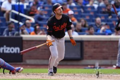 NEW YORK — AUGUST 21: Baltimore Orioles left fielder Austin Slater (15) watches his two run home run against the New York Mets during the sixth inning at Citi Field on August 21, 2024, in New York, New York. (Gregory Fisher/A Lot of Sports Talk)