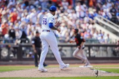 NEW YORK — AUGUST 21: New York Mets pitcher Sean Manaea (59) watches Baltimore Orioles left fielder Austin Slater (15) round the bases after hitting a home run during the sixth inning at Citi Field on August 21, 2024, in New York, New York. (Gregory Fisher/A Lot of Sports Talk)