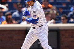 NEW YORK — AUGUST 21: New York Mets second baseman Jose Iglesias (11) gets hit by a pitch during the sixth inning at Citi Field on August 21, 2024, in New York, New York. (Gregory Fisher/A Lot of Sports Talk)