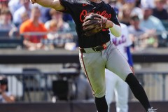 NEW YORK — AUGUST 21: Baltimore Orioles third baseman Ramon Urias (29) throws out New York Mets center fielder Harrison Bader (not pictured) after fielding a ground ball during the sixth inning at Citi Field on August 21, 2024, in New York, New York. (Gregory Fisher/A Lot of Sports Talk)