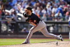 NEW YORK — AUGUST 21: Baltimore Orioles pitcher Craig Kimbrel (46) delivers a pitch against the New York Mets during the seventh inning at Citi Field on August 21, 2024, in New York, New York. (Gregory Fisher/A Lot of Sports Talk)