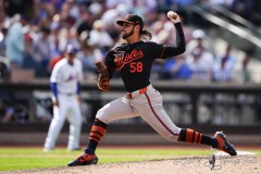 NEW YORK — AUGUST 21:  Baltimore Orioles pitcher Clonel Perez (58) delivers a pitch against the New York Mets during the eighth inning at Citi Field on August 21, 2024, in New York, New York. (Gregory Fisher/A Lot of Sports Talk)