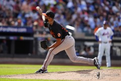 NEW YORK — AUGUST 21: Baltimore Orioles pitcher Seranthony Dominguez (56) delivers a pitch against the New York Mets during the ninth inning at Citi Field on August 21, 2024, in New York, New York. (Gregory Fisher/A Lot of Sports Talk)