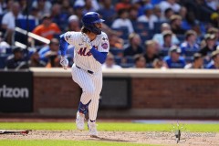 NEW YORK — AUGUST 21: New York Nets right fielder Jessie Winker (3) watches his game winning home run against the Baltimore Orioles during the ninth inning at Citi Field on August 21, 2024, in New York, New York. (Gregory Fisher/A Lot of Sports Talk)