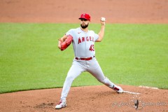 Baltimore, MD - July 9, 2022: Los Angeles Angels starting pitcher Patrick Sandoval (43) pitches during the game between the Baltimore Orioles and Los Angeles Angels at  Oriole Park at Camden Yards in Baltimore, MD.   (Photo by Elliott Brown/A Lot of Sports Talk)