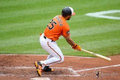 Baltimore, MD - July 9, 2022: Baltimore Orioles right fielder Anthony Santander (25) hits a RBI single during the game between the Baltimore Orioles and Los Angeles Angels at  Oriole Park at Camden Yards in Baltimore, MD.   (Photo by Elliott Brown/A Lot of Sports Talk)