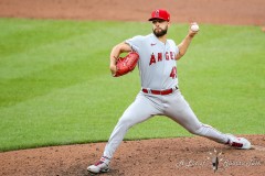 Baltimore, MD - July 9, 2022: Los Angeles Angels starting pitcher Patrick Sandoval (43) in action during the game between the Baltimore Orioles and Los Angeles Angels at  Oriole Park at Camden Yards in Baltimore, MD.   (Photo by Elliott Brown/A Lot of Sports Talk)