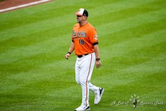 Baltimore, MD - July 9, 2022: Baltimore Orioles manager Brandon Hyde (18) walks back to the dugout during the game between the Baltimore Orioles and Los Angeles Angels at  Oriole Park at Camden Yards in Baltimore, MD.   (Photo by Elliott Brown/A Lot of Sports Talk)