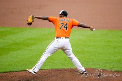 Baltimore, MD - July 9, 2022: Baltimore Orioles relief pitcher Felix Bautista (74) in action during the game between the Baltimore Orioles and Los Angeles Angels at  Oriole Park at Camden Yards in Baltimore, MD.   (Photo by Elliott Brown/A Lot of Sports Talk)