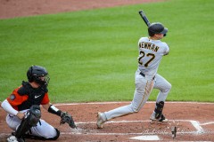 Baltimore, MD - August 6, 2022: Pittsburgh Pirates second baseman Kevin Newman (27) gets a hit during the game between the Baltimore Orioles and Pittsburgh Pirates at  Oriole Park at Camden Yards in Baltimore, MD.   (Photo by Elliott Brown/A Lot of Sports Talk)
