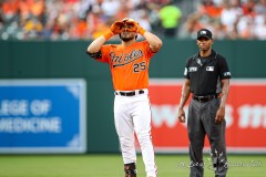Baltimore, MD - August 6, 2022: Baltimore Orioles right fielder Anthony Santander (25) celebrates after hitting a double during the game between the Baltimore Orioles and Pittsburgh Pirates at  Oriole Park at Camden Yards in Baltimore, MD.   (Photo by Elliott Brown/A Lot of Sports Talk)