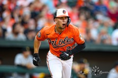 Baltimore, MD - August 6, 2022: Baltimore Orioles third baseman Ramon Urias (29) hits a double during the game between the Baltimore Orioles and Pittsburgh Pirates at  Oriole Park at Camden Yards in Baltimore, MD.   (Photo by Elliott Brown/A Lot of Sports Talk)