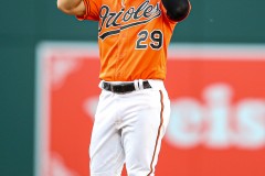Baltimore, MD - August 6, 2022: Baltimore Orioles third baseman Ramon Urias (29) celebrates after hitting a double during the game between the Baltimore Orioles and Pittsburgh Pirates at  Oriole Park at Camden Yards in Baltimore, MD.   (Photo by Elliott Brown/A Lot of Sports Talk)