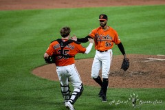 Baltimore, MD - August 6, 2022: Baltimore Orioles catcher Adley Rutschman (35) and Baltimore Orioles relief pitcher Dillon Tate (55) celebrate the win after the game between the Baltimore Orioles and Pittsburgh Pirates at  Oriole Park at Camden Yards in Baltimore, MD.   (Photo by Elliott Brown/A Lot of Sports Talk)