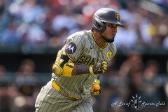 Baltimore, MD - July 27, 2024: San Diego Padres first base Luis Arraez (4) runs to first base during the game between the Baltimore Orioles and San Diego Pardres at  Oriole Park at Camden Yards in Baltimore, MD.   (Photo by Elliott Brown/A Lot of Sports Talk)