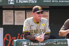 Baltimore, MD - July 27, 2024: San Diego Padres manager Mike Shildt (8) during the game between the Baltimore Orioles and San Diego Pardres at  Oriole Park at Camden Yards in Baltimore, MD.   (Photo by Elliott Brown/A Lot of Sports Talk)