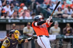 Baltimore, MD - July 27, 2024: Baltimore Orioles catcher Adley Rutschman (35) in action during the game between the Baltimore Orioles and San Diego Pardres at  Oriole Park at Camden Yards in Baltimore, MD.   (Photo by Elliott Brown/A Lot of Sports Talk)