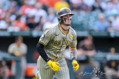 Baltimore, MD - July 27, 2024: San Diego Padres outfielder Jackson Merrill (3) runs to first base during the game between the Baltimore Orioles and San Diego Pardres at  Oriole Park at Camden Yards in Baltimore, MD.   (Photo by Elliott Brown/A Lot of Sports Talk)