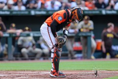 Baltimore, MD - July 27, 2024: Baltimore Orioles catcher Adley Rutschman (35) calling a play during the game between the Baltimore Orioles and San Diego Pardres at  Oriole Park at Camden Yards in Baltimore, MD.   (Photo by Elliott Brown/A Lot of Sports Talk)