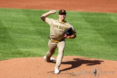 Baltimore, MD - July 27, 2024: San Diego Padres pitcher Michael King (34) pitches the ball during the game between the Baltimore Orioles and San Diego Pardres at  Oriole Park at Camden Yards in Baltimore, MD.   (Photo by Elliott Brown/A Lot of Sports Talk)