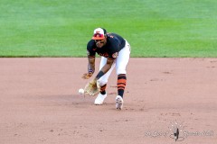 Baltimore, MD - June 18, 2022: Baltimore Orioles shortstop Jorge Mateo (3) gets the groundball during the game between the Baltimore Orioles and Tampa Bay Rays at  Oriole Park at Camden Yards in Baltimore, MD.   (Photo by Elliott Brown/A Lot of Sports Talk)