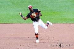 Baltimore, MD - June 18, 2022: Baltimore Orioles shortstop Jorge Mateo (3) throws out the runner during the game between the Baltimore Orioles and Tampa Bay Rays at  Oriole Park at Camden Yards in Baltimore, MD.   (Photo by Elliott Brown/A Lot of Sports Talk)