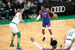 The Detroit Pistons take on the Boston Celtics at TD Garden on February 16, 2022. The Celtics have won the last 9 games in a row.