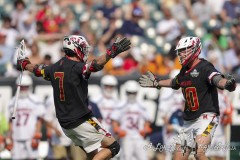 PHILADELPHIA, PENNSYLVANIA – MAY 25: Maryland attack ERIC SPANOS (7) celebrates a goal with Maryland defender COLIN BURLACE (40) in the game between Maryland and Virginia during the 2024 NCAA Men’s Lacrosse Tournament semifinal game at Lincoln Financial Field on May 25, 2024, in Philadelphia, PA  (Scotty Rausenberger/A Lot of Sports Talk)