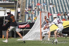 PHILADELPHIA, PENNSYLVANIA – MAY 25: Virginia goalie KYLE MORRIS (38) anticipates a shot on goal in the game between Maryland and Virginia during the 2024 NCAA Men’s Lacrosse Tournament semifinal game at Lincoln Financial Field on May 25, 2024, in Philadelphia, PA  (Scotty Rausenberger/A Lot of Sports Talk)