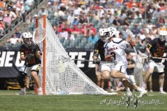 PHILADELPHIA, PENNSYLVANIA – MAY 25: Virginia attack TUCKER MULLEN (9 moves towards the goal in the game between Maryland and Virginia during the 2024 NCAA Men’s Lacrosse Tournament semifinal game at Lincoln Financial Field on May 25, 2024, in Philadelphia, PA  (Scotty Rausenberger/A Lot of Sports Talk)