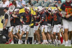 PHILADELPHIA, PENNSYLVANIA – MAY 25: Maryland bench celebrates a goal in the game between Maryland and Virginia during the 2024 NCAA Men’s Lacrosse Tournament semifinal game at Lincoln Financial Field on May 25, 2024, in Philadelphia, PA  (Scotty Rausenberger/A Lot of Sports Talk)