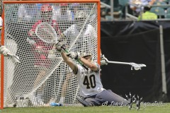 PHILADELPHIA, PENNSYLVANIA – MAY 25: Notre Dame goalie LIAM ENTENMANN (40) makes a save in the second half of game between Notre Dame and Denver during the 2024 NCAA Men’s Lacrosse Tournament semifinal game at Lincoln Financial Field on May 25, 2024, in Philadelphia, PA  (Scotty Rausenberger/A Lot of Sports Talk)