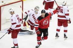 NEWARK, NEW JERSEY - JANUARY 22: The New Jersey Devils take on the Carolina Hurricanes in their home arena, Prudential Center, on January 22, 2022.