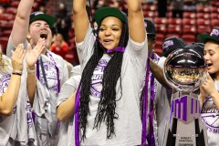 March 13, 2024: UNLV Lady Rebels forward Alyssa Brown (44) celebrates being named the MVP of the Women’s Mountain West Conference tournament, Wednesday, March 13, 2024, in Las Vegas. Christopher Trim/A Lot of Sports Talk.