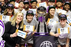 March 13, 2024: UNLV Lady Rebels head coach Lindy La Rocque and team celebrate gaining an automatic entry to March Madness after winning the Women’s Mountain West Conference tournament, Wednesday, March 13, 2024, in Las Vegas. Christopher Trim/A Lot of Sports Talk.