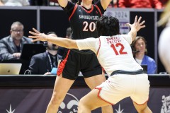 March 13, 2024: San Diego State Aztecs guard Sarah Barcello (20) looks to pass the ball during the first half of the Women’s Mountain West Conference tournament, Wednesday, March 13, 2024, in Las Vegas. Christopher Trim/A Lot of Sports Talk.