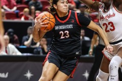 March 13, 2024: San Diego State Aztecs forward Kim Villalobos (23) drives to the basket during the first half of the Women’s Mountain West Conference tournament, Wednesday, March 13, 2024, in Las Vegas. Christopher Trim/A Lot of Sports Talk.