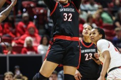 March 13, 2024: San Diego State Aztecs forward Adryana Quezada (32) shoots the basketball during the first half of the Women’s Mountain West Conference tournament, Wednesday, March 13, 2024, in Las Vegas. Christopher Trim/A Lot of Sports Talk.
