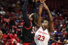 March 13, 2024: San Diego State Aztecs forward Adryana Quezada (32) drives to the basket during the first half of the Women’s Mountain West Conference tournament, Wednesday, March 13, 2024, in Las Vegas. Christopher Trim/A Lot of Sports Talk.