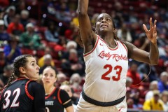 March 13, 2024: UNLV Lady Rebels center Desi-Rae Young (23) shoots the ball during the second half of the finals of the Women’s Mountain West Conference tournament, Wednesday, March 13, 2024, in Las Vegas. Christopher Trim/A Lot of Sports Talk.