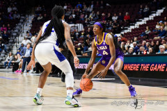 December 17, 2024: LSU Tigers guard Flau\'Jae Johnson (4) handles the ball during an NCAA women’s basketball game in the Invesco QQQ Basketball Hall of Fame Women’s Showcase between the LSU Tigers and the Seton Hall Pirates at Mohegan Sun Arena in Uncasville, CT. Erica Denhoff/CSM