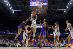 December 17, 2024: Seton Hall Pirates forward Yaya Lops (7) rebounds the ball during an NCAA women’s basketball game in the Invesco QQQ Basketball Hall of Fame Women’s Showcase between the LSU Tigers and the Seton Hall Pirates at Mohegan Sun Arena in Uncasville, CT. Erica Denhoff/CSM