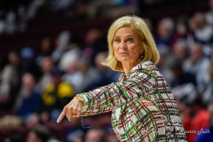 December 17, 2024: LSU Tigers head coach Kim Mulkey reacts during an NCAA women’s basketball game in the Invesco QQQ Basketball Hall of Fame Women’s Showcase between the LSU Tigers and the Seton Hall Pirates at Mohegan Sun Arena in Uncasville, CT. Erica Denhoff/CSM