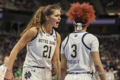 ALBANY, NEW YORK – MARCH 29:  Notre Dame forward MADDY WESTBELD (21) fires up her teammate guard HANNAH HIDALGO (3) after a play during the 2024 NCAA Women’s Basketball Tournament Albany 1 Regional semifinal at MVP Arena on March 29, 2024, in Albany, N.Y.  (Scotty Rausenberger/A Lot of Sports Talk)