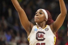 ALBANY, NEW YORK – MARCH 29: South Carolina guard RAVEN JOHNSON (25) puts up a free throw attempt late in the second half during the 2024 NCAA Women’s Basketball Tournament Albany 1 Regional semifinal at MVP Arena on March 29, 2024, in Albany, N.Y.  (Scotty Rausenberger/A Lot of Sports Talk)