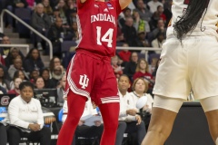 ALBANY, NEW YORK – MARCH 29: Indiana guard SARA SCALIA (14) puts up a jump shot during the 2024 NCAA Women’s Basketball Tournament Albany 1 Regional semifinal at MVP Arena on March 29, 2024, in Albany, N.Y.  (Scotty Rausenberger/A Lot of Sports Talk)
