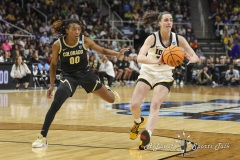 ALBANY, NEW YORK – MARCH 30:  Iowa guard CAITLIN CLARK (22) dishes a pass in transition during the 2024 NCAA Women’s Basketball Tournament Albany 2 Regional semifinal at MVP Arena on March 30, 2024, in Albany, N.Y.  (Scotty Rausenberger/A Lot of Sports Talk)
