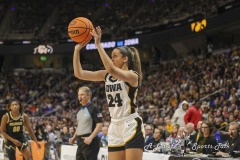 ALBANY, NEW YORK – MARCH 30: Iowa guard GABBIE MARSHALL (24) attempts a three-point shot during the 2024 NCAA Women’s Basketball Tournament Albany 2 Regional semifinal at MVP Arena on March 30, 2024, in Albany, N.Y.  (Scotty Rausenberger/A Lot of Sports Talk)