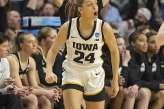 ALBANY, NEW YORK – MARCH 30: Iowa guard GABBIE MARSHALL (24) celebrates making a three-point shot during the 2024 NCAA Women’s Basketball Tournament Albany 2 Regional semifinal at MVP Arena on March 30, 2024, in Albany, N.Y.  (Scotty Rausenberger/A Lot of Sports Talk)