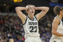 ALBANY, NEW YORK – MARCH 30:  Iowa guard CAITLIN CLARK (22) reacts to a foul call during the 2024 NCAA Women’s Basketball Tournament Albany 2 Regional semifinal at MVP Arena on March 30, 2024, in Albany, N.Y.  (Scotty Rausenberger/A Lot of Sports Talk)